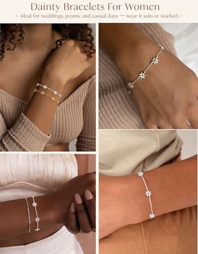 Dainty Silver Gold Bracelets for Women Trendy Non Tarnish 14K Gold Plated Cute Clover Bracelet Stackable Daisy Cubic Zirconia Diamond Charm Bracelet Stack Waterproof Jewelry Gifts - color: H- Sunflower Bracelet- Silver
