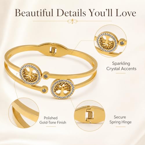 Gold Tree of Life Bangle Bracelet for Women, 18K Gold Plated Stainless Steel Double Layer Spring-Open Bangle, Meaningful Dainty Jewelry Gift - color: TREE GOLD