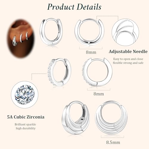 Poxtex Small Sterling Silver Huggie Hoop Earrings Set for Women, Hypoallergenic 14K Gold Plated Hoops Stacks for Multiple Piercings, Dainty Cute Mini Lightweight Cartilage Studs Trendy Jewelry Gift - color: Silver-moon hoop