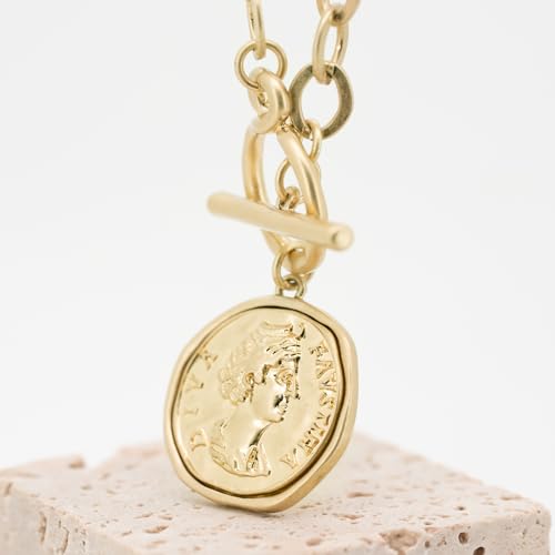 Chunky Gold Coin Pendant Necklace Trendy Layered Statement Chain for Women, Antique Toggle Design with Thick Link, Fashionable Necklaces for Women - color: Worn Gold