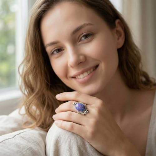 Handmade 925 Sterling Silver Plated Ring Natural Gemstone Carnelian, Rose Quartz, Tiger Eye, Crystal Oval Boho Jewelry For Women - color: Copper Purple Turquoise