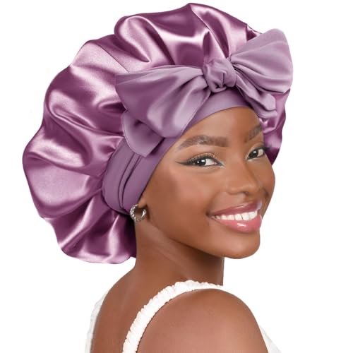 YANIBEST Adjustable Satin Bonnet for Sleeping Women Double Layer Hair Wrap Reduce Friction Prevent Frizz Natural Curly Hair - color: Purple
