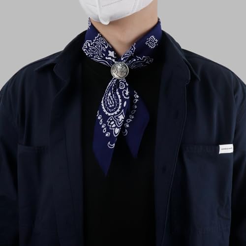 Western Bandana Scarf With Vintage Coin Buckle, Paisley Pattern Neck Scarf for Men Pocket Square Cowboy Scarves - color: Navy Blue