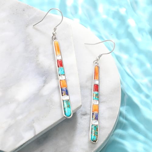Turquoise Earrings for Women 925 Sterling Silver Gemstones Dangle Earrings Bohemian Style Statement Bar Earrings Dangle Earrings for Women Earrings Valentines Gifts - color: Multiple Colors