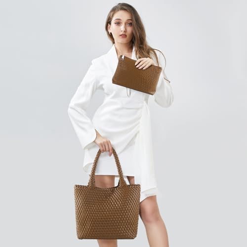 Hand Woven Bag Tote BagS For Women Top Handle Shoulder Vegan Leather Large Travel Beach Hobo Handbag - color: Brown