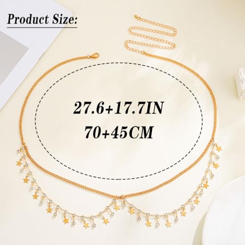 Rhinestone Waist Chains Crystal Waist Chain with Pendant Abdominal Chain Thin Minimalist Body Chain Jewelry for Women Beach Rave - style: B-Star-Gold