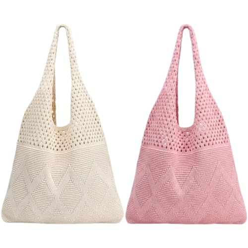 2/4 Pcs Crochet Mesh Beach Tote Bags, Summer Aesthetic Boho Knit Bag for Women Casual Vacation Essentials - color: Beige + Pink