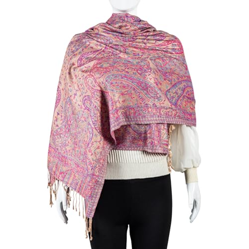AUSEKALY Pashmina Feel Shawls Wraps for Women Rave Scarf Soft Silky Reversible Men Scarves - color: Pink Beiga