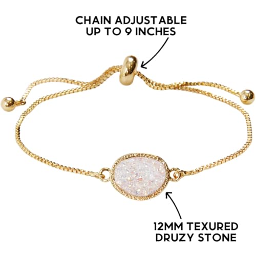 Humble Chic NY Simulated Druzy Chain Bracelet for Women - Boho Stackable Adjustable Bolo Slider Bracelet - color: Gold - White Created Opal