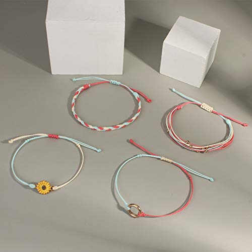 FANCY SHINY Easter Gifts Basket Stuffers Sunflower String Bracelet Boho Braided Rope Wrap Bracelets Cute Summer Beach Surfer Jewelry for Women - color: Rouge