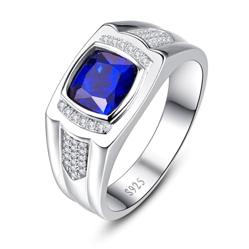 Yaresul 8 * 8mm 2.85CT 925 Sterling Silver Mens Gemstone Ring Princess Cut Created Black Onyx|Sapphire|Emerald|Ruby Mens Wedding Band Engagement Ring Pave CZ W/AAA Size 6-13 - color: Created Sapphire