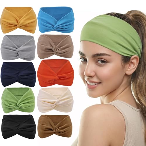 10Pcs Wide Boho Headbands for Women and Girls, Twisted Knot Design, Large Turban Style Hair Wraps, Non-Slip Stretchy Sport Workout Yoga Gym Running Headbands