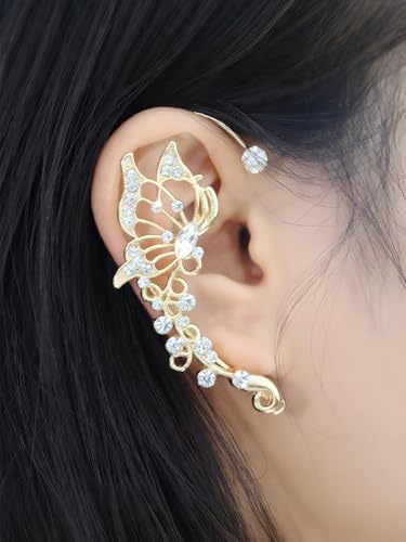 2Pcs Rhinestone Butterfly Earrings Ear Cuffs Non-Pierced Fake Earrings Butterfly Climber Wrap Around Earring Dainty Adjustable Ear Clip Jewelry for Women - color: StyleA-2 Pairs-Gold