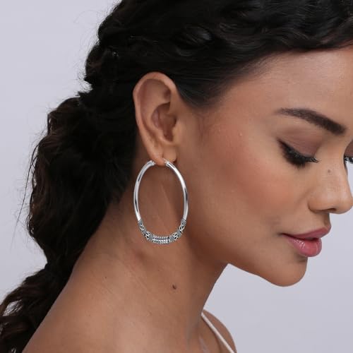 LeCalla 925 Sterling Silver Large Hoop Earrings | Lightweight Antique Bali Hoops | Two-Tone Bohemian Oxidized Balinese Earrings for Women - color: Oversized Bead Bali-60mm