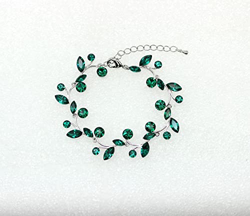 Faship Gorgeous Rhinestone Crystal Floral Necklace Earrings Set - color: Green / Matching Bracelet
