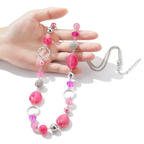 PEARL&CLUB Long Beaded Necklaces For Women - Sweater Chain Fashion Jewelry Necklace Gifts For Women - color: 23-Hot pink