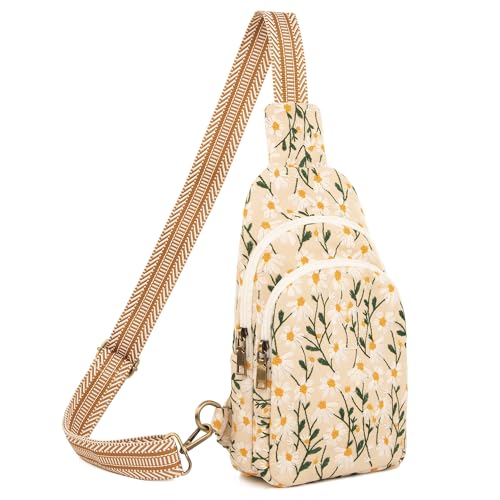 SILKAREA Canvas Sling Bag for Wome Crossbody Purse Small Sling Backpack Purse Travel Hiking Chest Bag Daypack - color: Embroidered Chamomile