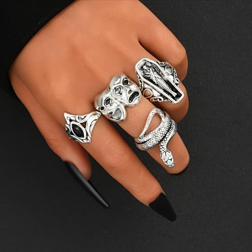 FAXHION 24-60 Pcs Gold Stackable Rings for Women, Knuckle Rings Chunky Gold Ring Set Dainty Stacking Cute Rings, Multiple Sizes Cute Jewelry Set Gift - style: Halloween skeleton