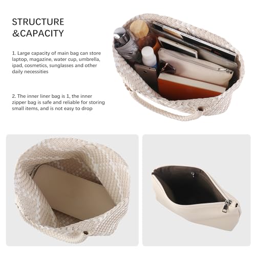 Woven Tote Bag Womens Purse Vegan Leather Shoulder Handbags Fashion Summer Beach Tote Bags Large Travel Totes - color: Beige-w