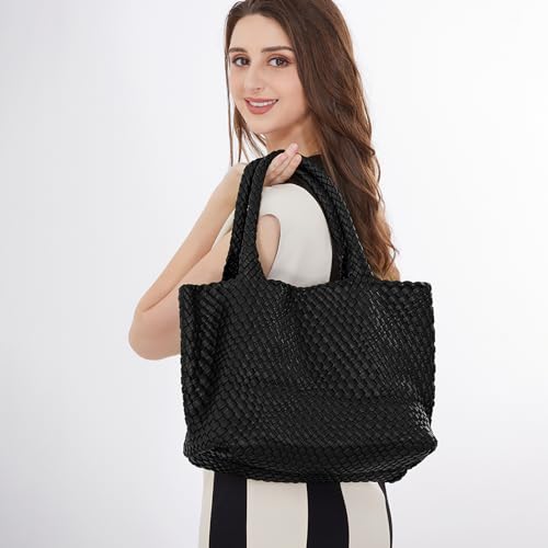 Woven Tote Bag Womens Purse Vegan Leather Shoulder Handbags Fashion Summer Beach Tote Bags Large Travel Totes - color: Black