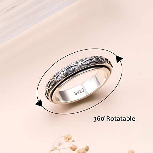 Ladytree Spinner Fidget Ring Sterling Silver Thumb Band for Women Anxiety Ring Platinum Plated Worry Stress Relief Just Breathe Boredom ADHD Autism Rings Boho Jewelry Gift - color: E-oxidized plum flower