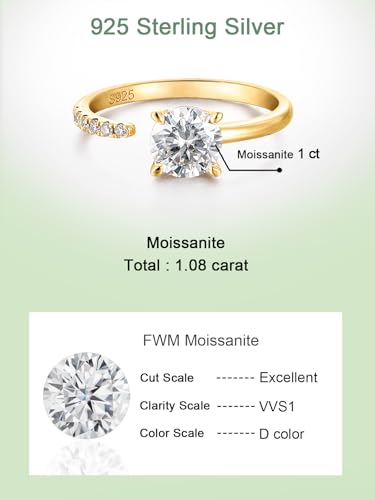 FWM Round Cut Moissanite Simple Open Rings for Women, Adjustable Ring, Solid Sterling Silver With Gold Plated, Stackable Wedding Band, Anniversary Valentines Mothers Day Christmas Gift - color: Round Cut - Yellow Gold, size: 5