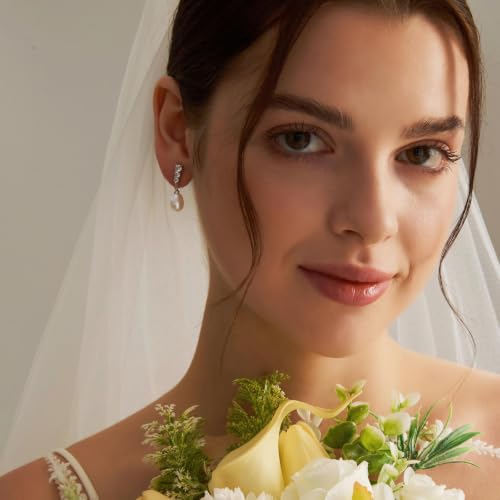 Pearl Earrings for Women, 14k Gold Plated Trendy Diamond Pearl Drop Earrings Hypoallergenic Dainty Bridal Gifts Wedding jewelry for Women - color: A—Silver