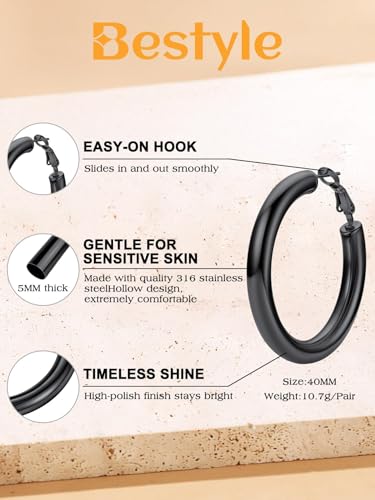 Bestyle 5mm Thick Gold Hoop Earrings Hypoallergenic Hoops for Sensitive Ears Trendy Lightweight Chunky Earrings for Women 30/40/60/80mm - color: 01-Black, size: 40mm