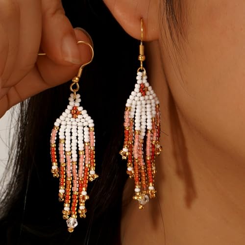 Bohemian Beaded Long Tassel Dangle Earrings for Women, Handmade Jewelry White Tarnish Resistant Lightweight Design, Stylish Accessory for Beach Vacation Party and Gift - color: Pink