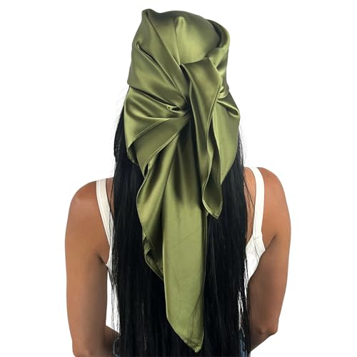 100% Mulberry Silk Head Scarf Large 36" - 19 Momme Women's Hair Wrap for Sleeping, Reduce Frizz & Damage, Natural Soft Silk - color: Olive