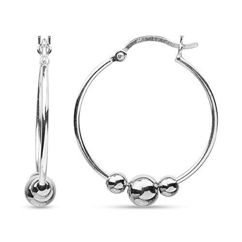 LeCalla 925 Sterling Silver Beaded Ball Hoop Earrings | Lightweight Sleeper Bead Ball Earring Hoops | Cape Style Hoop Earrings for Women - color: Dainty Click-Top Silver