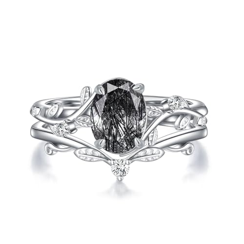 Natural Moss Agate Ring for Women 925 Sterling Silver Pear/Oval/Kite/Heart/Hexagon/Emerald/Coffin Cut Green Leaf Moss Agate Engagement Ring Promise Bridal Set Anniversary Birthday Jewelry Gifts - color: Oval Cut Black Rutilated Quartz