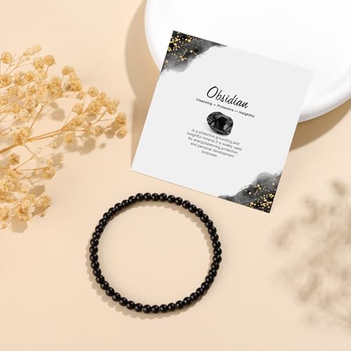 Natural Gemstone Beads Bracelets Healing Crystal Stone Beaded Bracelet for Women Men Handmade Spiritual Jewelry Gifts - color: Obsidian, size: Round Beads