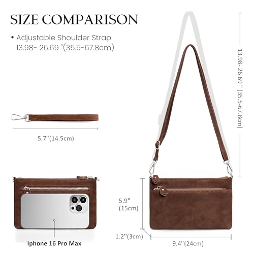 befen Genuine Leather Wristlet Clutch Wallet Purses with RFID Blocking, Small Crossbody Bags Shoulder Handbag for Women - color: Suede Brown