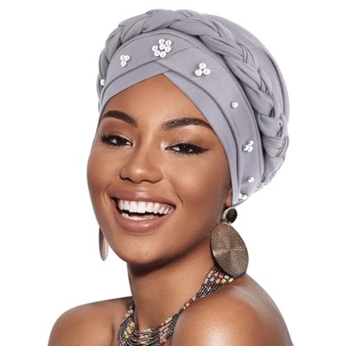African Women Turban Caps Pre-Tied Twisted Turbans Head Scarf for Women Hair Wraps Cover Beanie Cancer Chemo Headwear - color: 1 Pack Twisted Braid: Gold Bead Light Grey