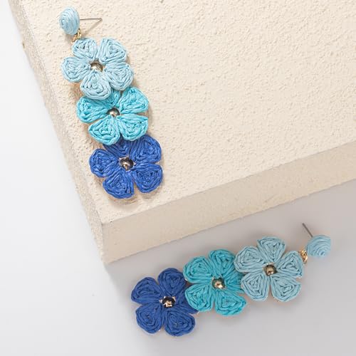 Boho Flower Earrings Statement Raffia Dangle Earrings Cute Floral Jewelry Trendy Summer Beach Vacation Outfits for Women - color: Blue-2