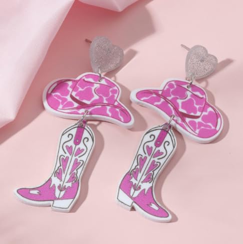 Western Cowboy Style Pink Heart Hat & Boot Acrylic Earrings Boho Festival Stackable Jewelry for Women - color: D