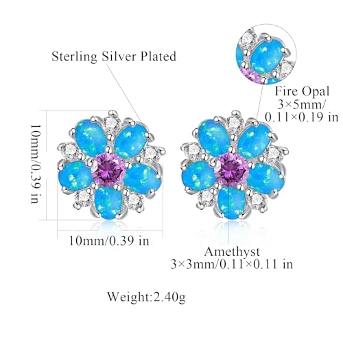 CiNily Flower Earrings,Opal Stud Earrings Sterling Silver or White Gold/Rose Gold Plated Ladies Flower Stud Earrings Cute Unique Earrings for Girls - color: Blue Opal