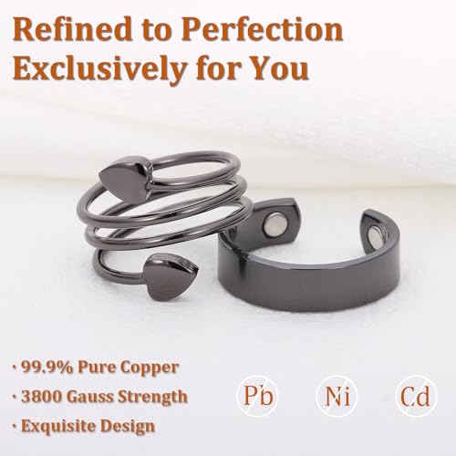 Magnetic Copper Rings Set for Women, Elegant Lymphatic Jewelry Gifts, Vintage Adjustable Vine Design (Black)