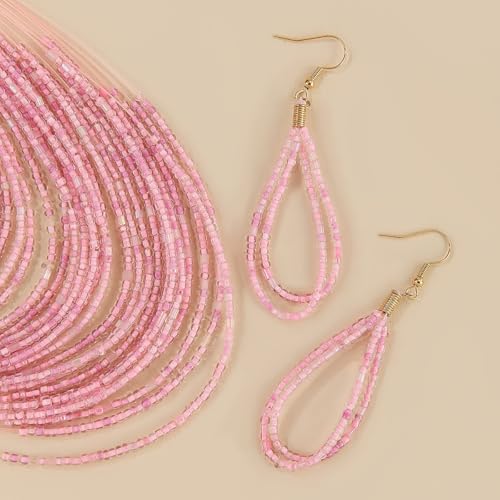 Bohemian Colorful Beaded Earrings Necklace Geometric Teardrop Dangle Earrings Multi-layered Stackable Choker Necklaces Boho Seed Bead Chain Statement Beach Party Accessories - color: Pink