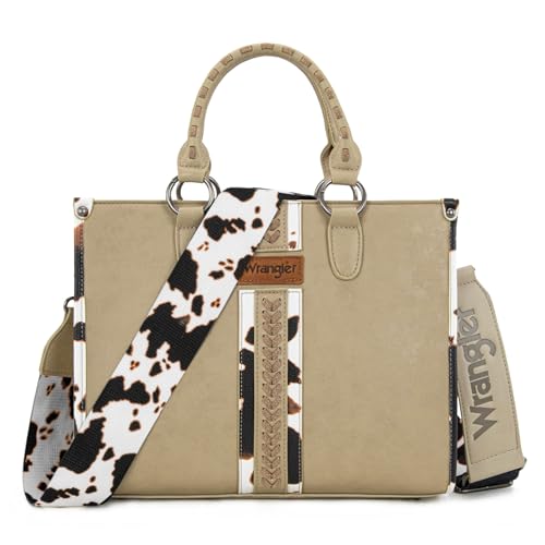 Montana West Wrangler Animal Print Tote Bag for Women Western Purse Boho Top Handle Satchel Handbag - color: Cow Khaki