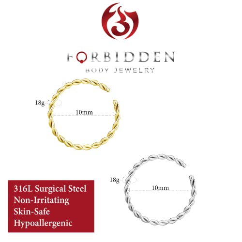 Forbidden Body Jewelry Nose Rings Set Surgical Steel Braided Hoops for Pierced and Fake Nose and Cartilage Piercings 14G-20G - style: 18g 10mm Silver/Gold Tone (2Pcs)