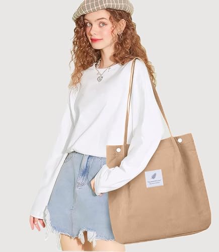 Corduroy Tote Bag for Women Small Canvas Shoulder Purse Cord Handy Bag with Inner Pocket | with Front Pocket - color: 02 Khaki