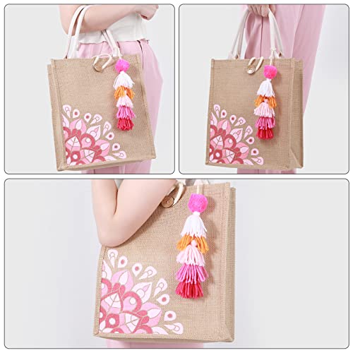 itgowisa Jute Beach Bag for Women, Burlap Beach Tote Bag with Tassel Pocket, Summer Gift for Vacation, Pool, Cruise & Grocery | Jute material - color: Pink Tassel B