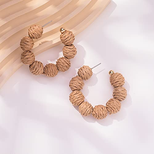 Raffia Hoop Earrings Statement Boho Beaded Earrings Cute Rattan Handmade Colorful Jewelry for Women Unique Summer Outfits - color: Wheat
