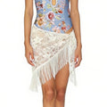Women Y2K Lace Fringe Hip Scarf Boho Triangle Tassel Waist Cover Up Skirt Wrap Sheer Tie Belt Aesthetic Streetwear - color: D White