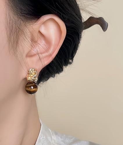 Boho Earrings for Women Natural Stone Beaded Handmade Vintage Dangle Earrings Bohemian Lightweight Hypoallergenic Jewelry for Dailywear Festival Occasions - color: Tiger eye gold