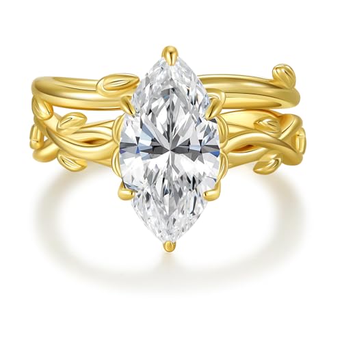 4CT Moissanite Marquise Engagement Ring Set for Women, Vintage Vine D Color VVSI 14K Gold Plated Promise Wedding Band, Bridal Festival Gift with Certificates - color: Gold, size: 9