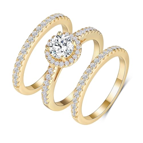 MDFUN Three in One Round/Oval/Eye/Teardrop Halo Wedding Bands Set Engagement Rings 18K Yellow Gold Plated Cubic Zirconia Promise Eternity Band for Women Size 5-10 - style: Round
