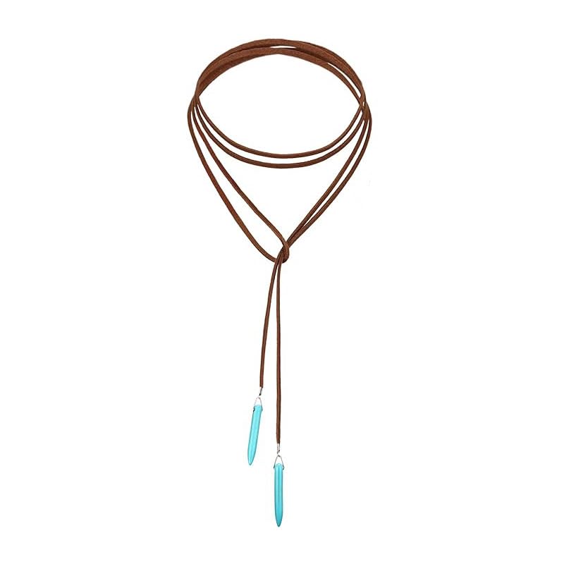 ONLYJUMP Boho Turquoise Leather Choker Necklace for Women Bohemian Handmade Leaf Layered Black Brown Suede Western Cowlady Necklace Western Country Party Jewelry Gifts - style: Brown